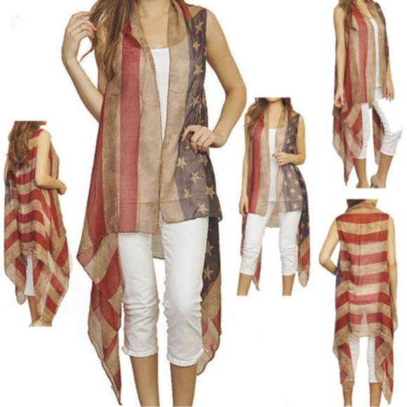 Vintage Kimono  USA AMERICAN FLAG Scarf Long - Picture 1 of 3